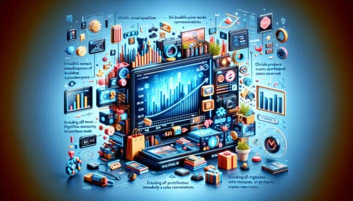 A vibrant digital interface displaying a shoppable video with clickable product icons, designed to enhance sales conversion.