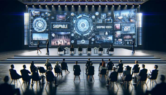 Industry leaders discussing trends in shoppable video on a modern stage with interactive screens in a futuristic conference hall.