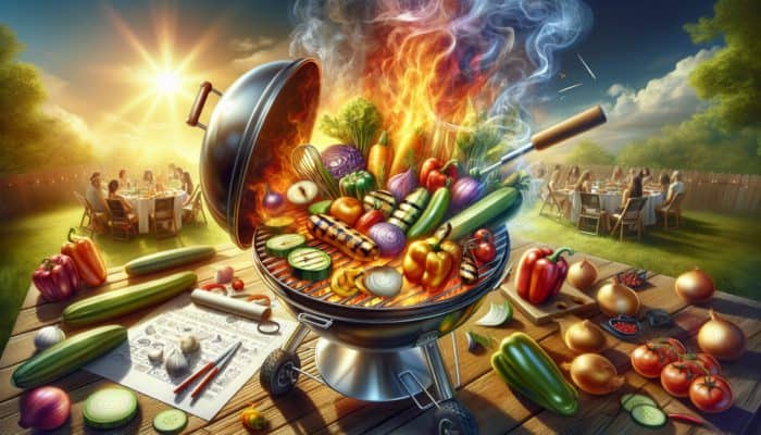 Stainless steel grilling basket with vegetables over a flaming charcoal grill at a summer barbecue.