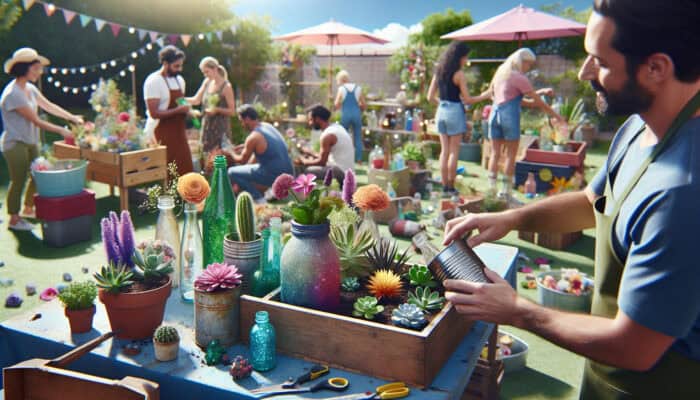 Individuals creatively repurposing household waste for summer clearance, showcasing containers as planters and bottles as garden decor.