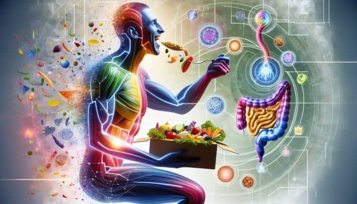 Person enjoying a colourful meal, with digestive system illustration and health symbols.