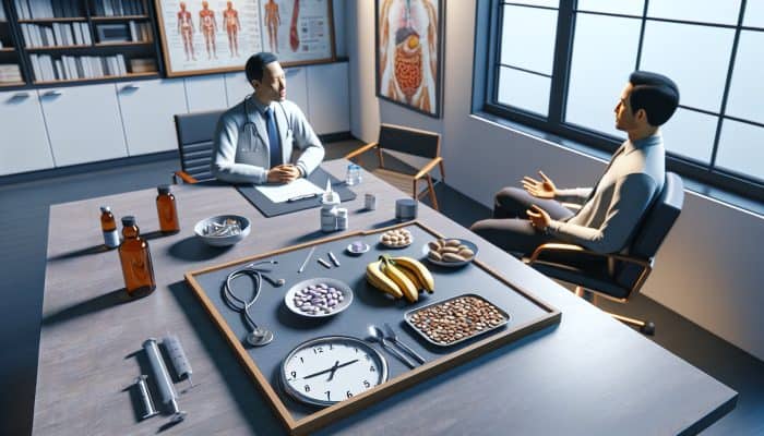 A patient in a doctor's office discussing thyroid test preparations, early morning, with a food list on the table.
