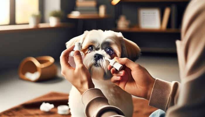 A Shih Tzu receiving gentle eye care with a soft cloth and eye drops in a cosy room.