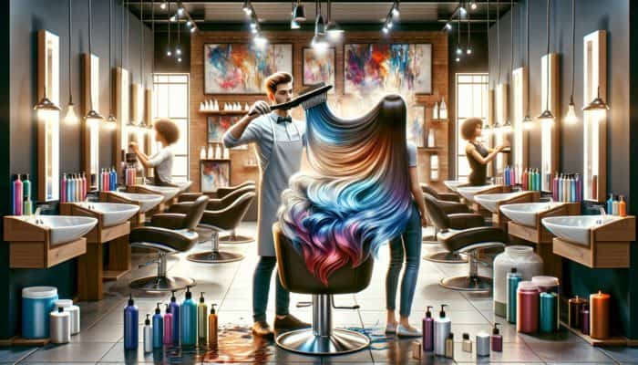 A professional stylist applying ombre hair colour with premium products in a well-lit salon.