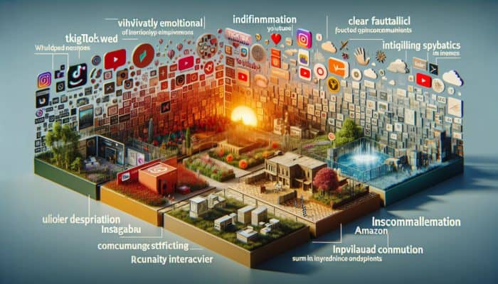 Diverse digital platforms: TikTok's vibrant emotions, YouTube's educational depth, ChatGPT's factual clarity, Amazon's user reviews, Instagram's aspirations, Reddit's raw authenticity.