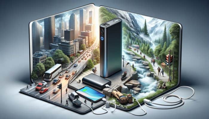 Portable Power Banks: Sleek power bank charging smartphone and tablet on city street and hiking trail, showing versatility.
