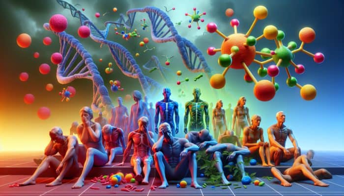 Illustration of methylcobalamin B12 molecules energizing nerve cells and revitalising human figures.