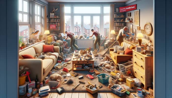 A team of experts clearing a cosy, cluttered living room in Sunderland with affordable tools and visible discounts.