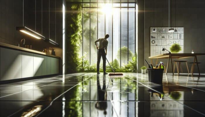 Individual in West Dunbartonshire cleaning slate floors with eco-friendly solutions, surrounded by natural light and greenery.