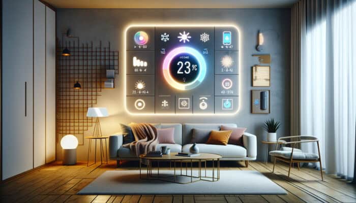 Smart thermostat mounted on wall in a modern living room, controlled by smartphone, with sensors monitoring heating system.