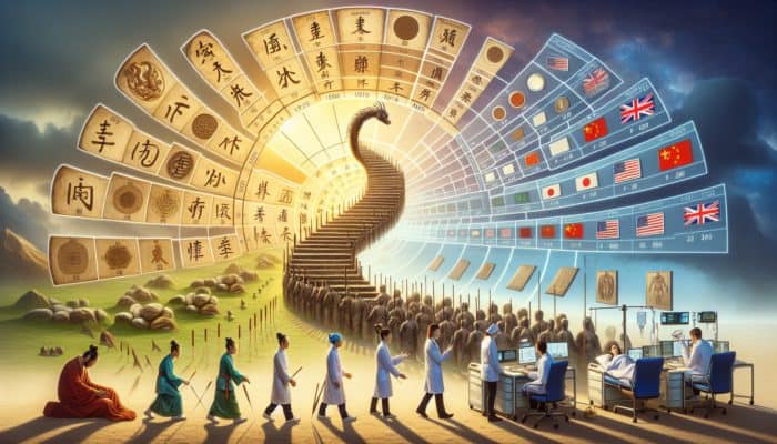 Historical tapestry illustrating acupuncture's journey in the UK, from Roman times to modern healthcare.