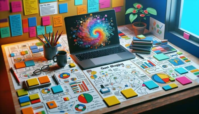 Maximise Your Impact with Effective Guest Blogging Strategies: A laptop displaying a blog post, surrounded by colourful sticky notes and diagrams, with coffee and a plant.