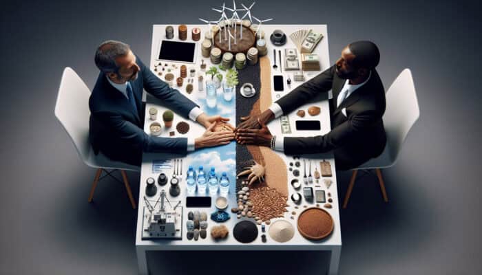 Two individuals shaking hands over a table with resources, symbolising a successful partnership.