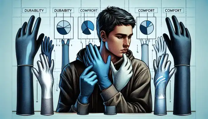 A person in Wrexham comparing vinyl glove brands, analyzing cost, quality, durability, and comfort with charts and feedback.