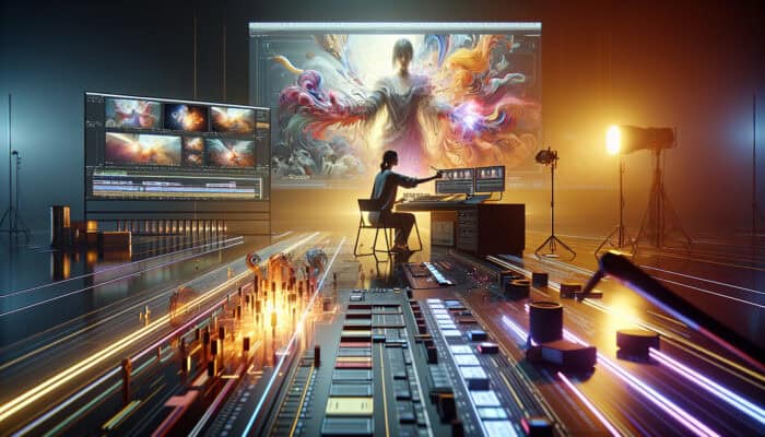 A human vas editing video footage on a high-tech suite, creating a compelling narrative with vibrant scenes.