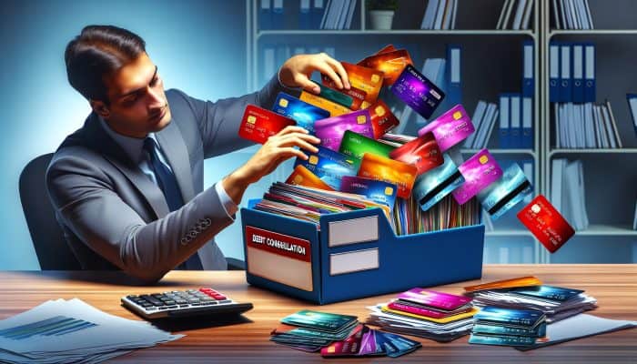 How to Flip Debt Consolidation into Savings: UK Guide | DCL How to Flip Debt Consolidation into Savings: A person organizing colorful credit cards and loan papers into a single file folder on a desk, symbolizing debt consolidation.