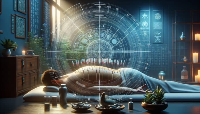 Acupuncture for Postoperative Pain: A tranquil acupuncture session featuring needles positioned on a patient’s back amidst traditional Chinese medicine symbols.