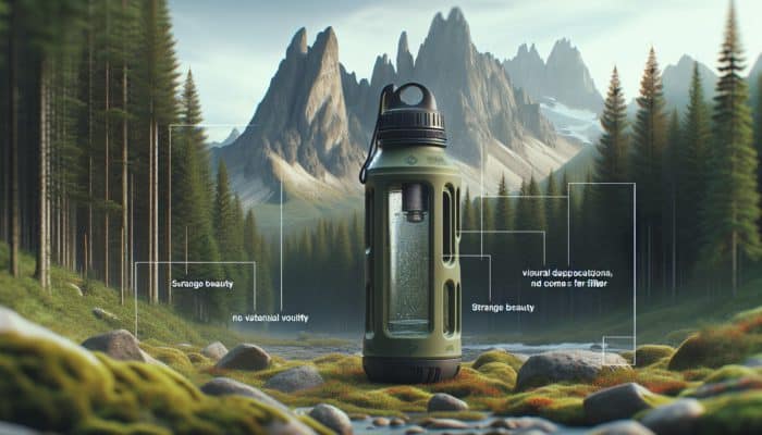 A rugged survival water bottle with a built-in filter, set in a wilderness scene with mountains and forest.