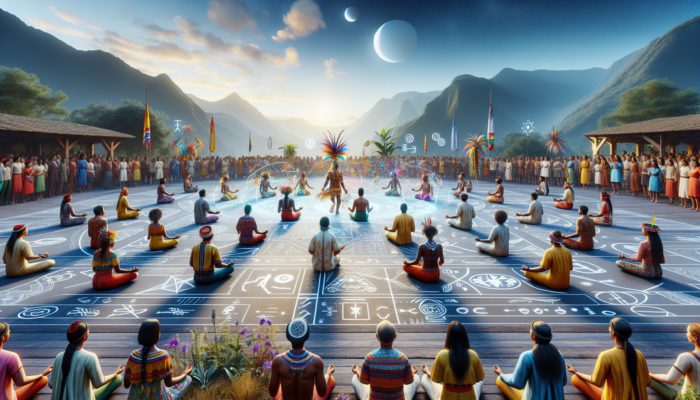 Community workshop in South America during equinox, merging traditional and modern practices for holistic wellbeing.