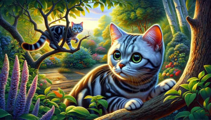 An American Shorthair cat cautiously explores a garden while another confidently leaps onto a tree branch.