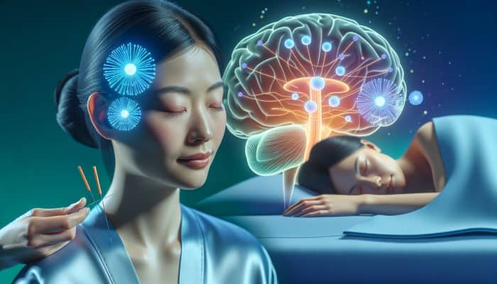 Acupuncture for Mental Health Studies: Asian woman receiving acupuncture, surrounded by calming colours, with brain activity and peaceful sleep scene.