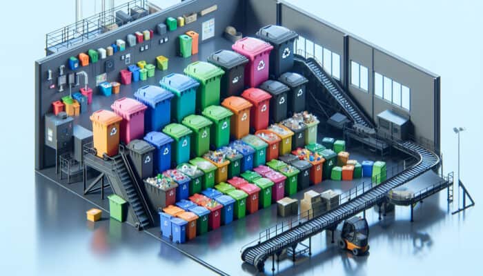 Advanced Waste Sorting for House Clearance: UK household scene with labeled bins for paper, plastic, glass, and organic waste, near a recycling facility.