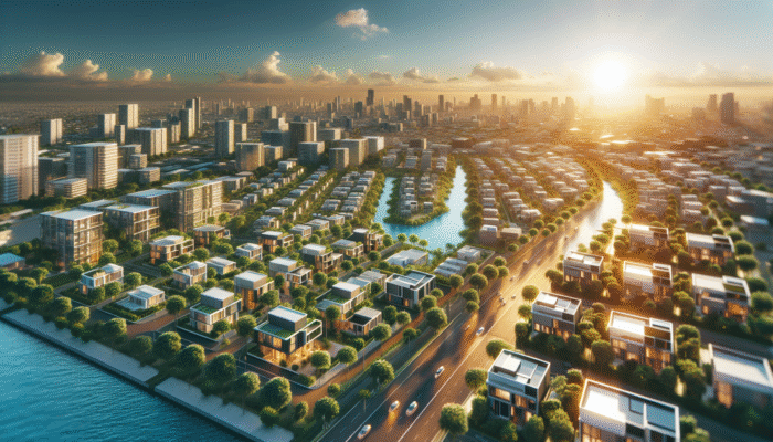 Aerial view of Kimberley with highlighted entry-level properties, modern architecture, and lush greenery under a sunset sky.