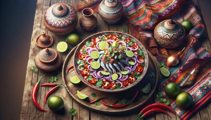 Peruvian ceviche with fresh fish, lime, onions, chili, cilantro, served on a rustic wooden table with traditional pottery and textiles.