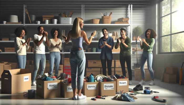 A woman in Kent garage sorting items into 'keep', 'donate', 'discard' piles, with friends, celebrating organised space.