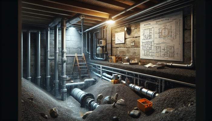 Crawl Space Drainage Services in Mission: A crawl space drainage system in Mission, Canada, featuring pipes, gravel, and a sump pump effectively removing excess water.