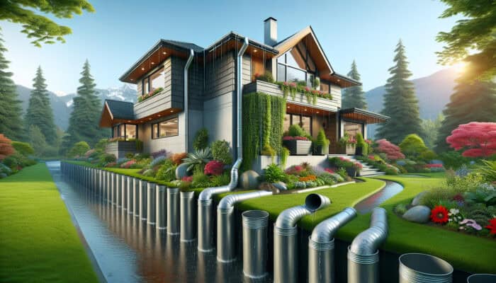 Modern home with extended downspouts, French drain, and rain barrels in Vancouver's lush, rainy setting.