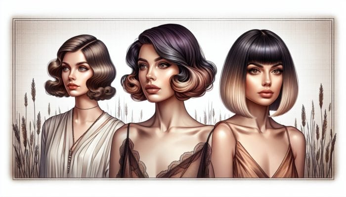 1920s woman with bob haircut symbolizing liberation, next to modern ombre hairstyle showing hairdressing evolution.