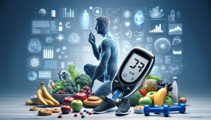 Diabetes Blood Test in Clydebank: A person monitoring blood sugar with a glucose meter, surrounded by healthy food and exercise equipment.