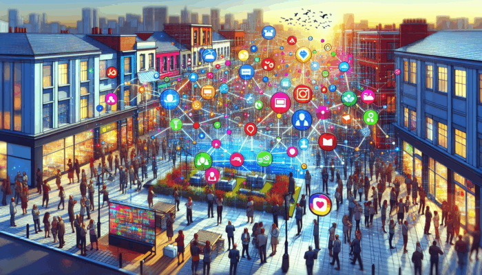 A vibrant digital hub in Exmouth where small businesses engage with customers via colourful social media platforms.