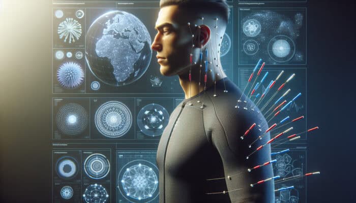 A contemporary UK athlete undergoing electroacupuncture for muscle recovery, as part of a holistic wellness programme.