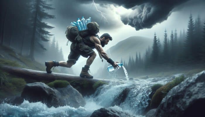 Emergency Water Sources: A determined hiker in a misty forest draws clear water from a bubbling stream, carrying a backpack with emergency bottled water under a stormy sky.